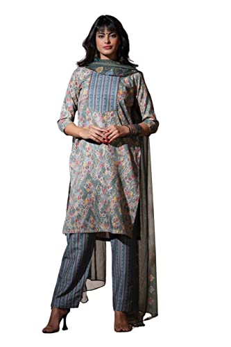 Image of Leriya Fashion Women's Kurta Pant Dupatta Set || Cotton Blend Abstract Leaf Printed Kurti Pant Dupatta Pair || Flattering Front Placket Neck Design || for Outing || Regular Wear