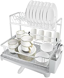 FOVERN1 Aluminum 2 Tier Dish Drying Rack, Dish Rack with Drainboard Set, Removable Plastic Drainer Tray with Adjustable Swivel Spout, Dish Drainer with Cutlery Holder for Household Kitchen, Silver