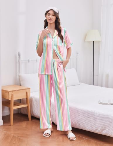 Image of Ekouaer Silk Satin Pajamas for Women Set 2 Piece Short Sleeve Button Up Pjs
