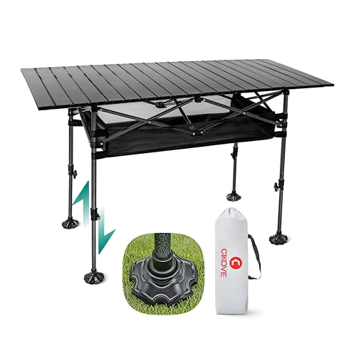 Height Adjustable Camping Table Tall Large Outdoor Folding Camping Table with Wide-Base Anti-Sink Legs & Carry Bag for Camping BBQ Beach Backyard (Black)