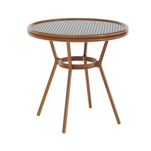 Flash Furniture Lourdes Indoor/Outdoor Commercial Bistro Table - Tempered Glass Top - PE Rattan - Natural Bamboo Print Aluminum Frame - 31.5" - Black/White