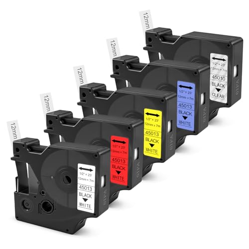 AMFUN 5 x taśma do etykiet kompatybilna z Dymo D1, 12 mm x 7 m, laminowana, biała, kompatybilna z 45013 A45013 S0720530, do Dymo LabelManager 160 210D 280 360D 420P
