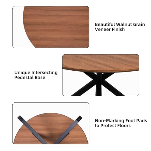 LUCKYERMORE 53" Round Dining Table for 4-6, Mid-Century Modern Dining Room Table with Metal Cross Legs, Large Wood Leisure Circle Coffee Table for Kitchen, Office, Living Room, Walnut, Easy-Assembly