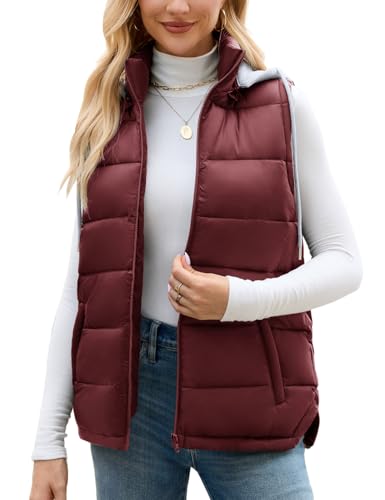 Vancavoo Gilet Donna Invernale Smanicato con Cappuccio Cappotto senza Maniche Giubbotto Imbottito Giacca con Cerniera e Tasche,Bordeaux,L