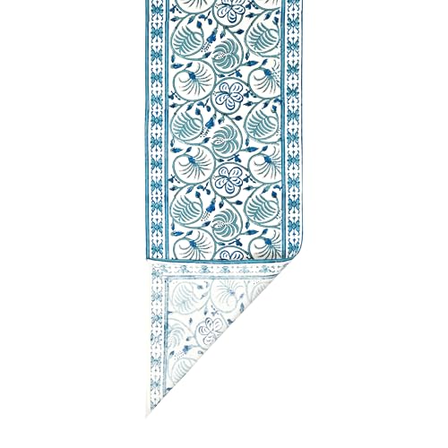 Image of BLOCKS OF INDIA Hand Block Printed Cotton Table Runner, Mat and Napkin Set of 13 pc for Center /Dining Table (Blue Green Jaal)