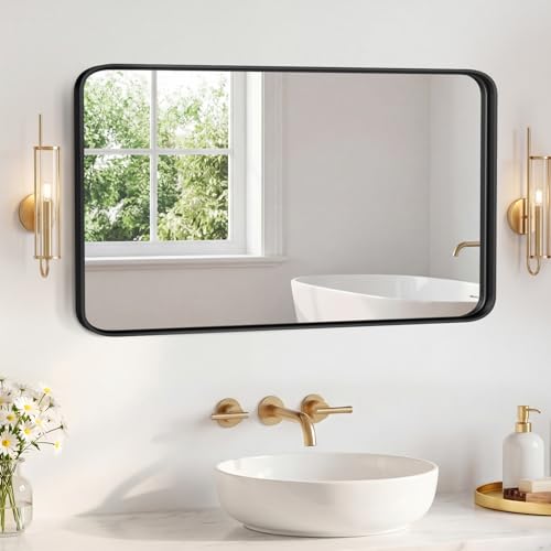 Image of NEWBULIG 30 inchx48 inch Wall Mirror, Bathroom Mirrors for Over Sink, Black | Matte Metal Framed Vanity Mirror with Tempered Glass, Entryway, Living Room, Bedroom