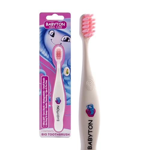 Babyton Escova de dentes bio, ecológica, cerdas macias para bebés, cabo ergonómico, material biodegradável de espiga de milho (água-viva)