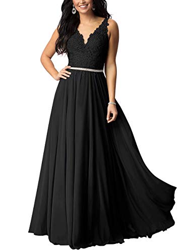 Lilibridal-Beaded Lace Appliques Prom Dresses Long Evening Gowns Chiffon Formal Wedding Party Dress(Black,12)