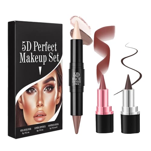 3Pcs Multi-Purpose Makeup Kit: Waterproof Lip Liner Lipstick + ??Dual-Ended Contour Stick (Contour/Highlight/Shimmery Under-Eye)?? + Black Eyeliner - Travel-Friendly, Set 03
