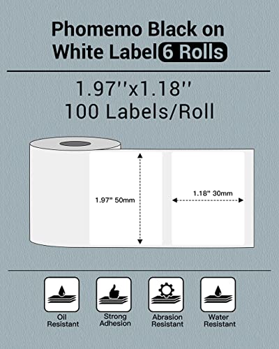 Image of Phomemo 1.97 inchx1.18 inch(50x30mm) Label, 6 Rolls M110 /M110S /M120 /M200 /M220 Thermal Paper - Multi-Purpose Square Self-Adhesive Label, 230 Labels /Roll, Black on White