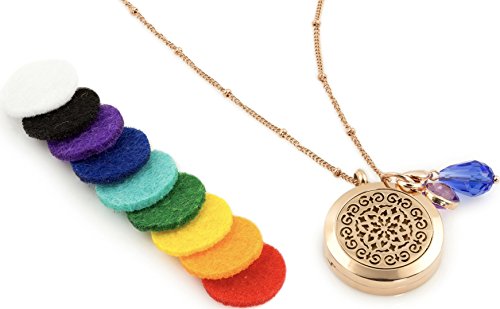 1 Rose Gold Essential Oil Diffuser Necklace - Aromatherapy Jewelry - Hypoallergenic 316L Surgical Grade Stainless Steel, 20.8” Chain + 9 Washable Insert Pads + Charms