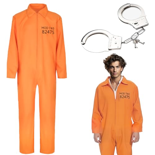 SGZIOO Disfraz Prisionero Hombre, Disfraz Preso Naranja Hombre con Esposas, disfraz de Prisionero para hombre para 180-190cm, para Fiesta Temática de Carnaval, Cosplay