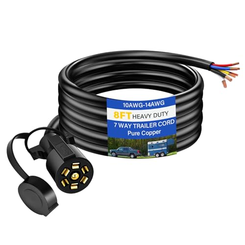 Image of 8 FT Heavy Duty 7 Way Trailer Cord Pure Copper 7 Way Trailer Plug Inline Cord 96 inch 7 Pin Trailer Wiring Harness Double Blade Molded 7 Pin Round Plug for Rvs Camper