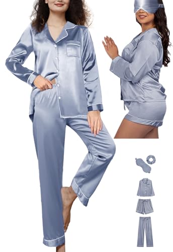 5Pcs XS-XXL Womens Silk Satin Pajamas Sets Long Pj Sets Button Down Pjs Set Loungewear Sleepwear4