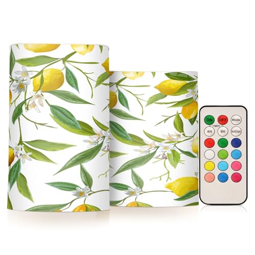 OWFKAY Velas parpadeantes sin llama, limón, fruta, flor, hoja amarilla, limón, juego de 2 velas LED sin llama que funcionan con pilas, velas falsas con control remoto de 18 teclas