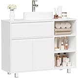 BEWISHOME Meuble sous Lavabo avec Pieds, Meuble sous Vasque Salle De Bain,1 Compartiment de Rangement Dissimulé, 2 Portes,3 Étagères Ouvertes Réglables, 90 x 64.5 x 30 cm, Blanc EYSG02W