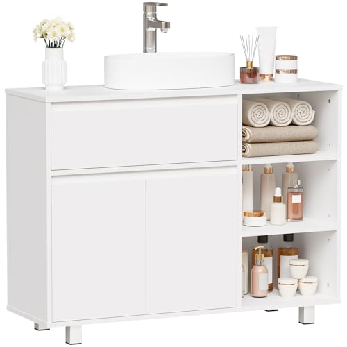 Bewishome Mobile Sottolavabo Per Bagno,Mobile Da Bagno, 1 Vano Portaoggetti Nascosto, 2 Ante, 3 Ripiani Regolabili Aperti, Con Gambe, 90 X 64.5 X 30 Cm, Bianco EYSG02W-image