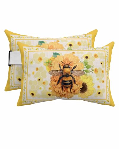 Boanket Outdoor Lumbar Pillow Set of 2, Sunflower Bee Waterproof Beach Headrest Pillow with Inserts, Rustic Summer Flowers Yellow Recliner Throw Pillow for Patio Furniture, 11
