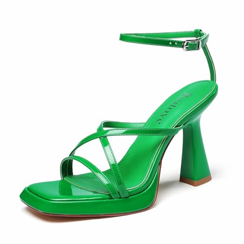 Image of Reitoye Strappy Heels for Women Platform Chunky Square Toe Heeled Sandals | Women's Heeled Sandals,Block High Heel,Adjustable Ankle Strap,All-Day Comfort Non-slip Sole,Party,Wedding,Prom Heels Shoes