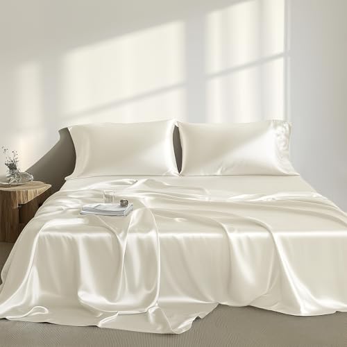 Image of Madison Park Essentials Satin Sheets Twin Size Bed Set, 4 Piece, Ivory | Luxury and Smooth Silky Bedding with Natural Sheen, All Around Elastic 14 inch Pocket fits up to 16 inch Mattress, Year-Round Cozy