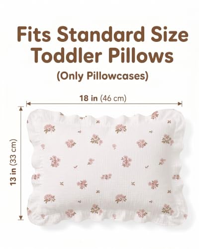 Image of Muslin Ruffled Toddler Pillowcases 13 inchx18 inch 2 Pack, Soft, Breathable Muslin Cotton Travel Pillow Covers with Envelope Closure for Baby Boys, Girls & Kids (Vintage Blossom-Ruffled, 13 x 18 Inch)