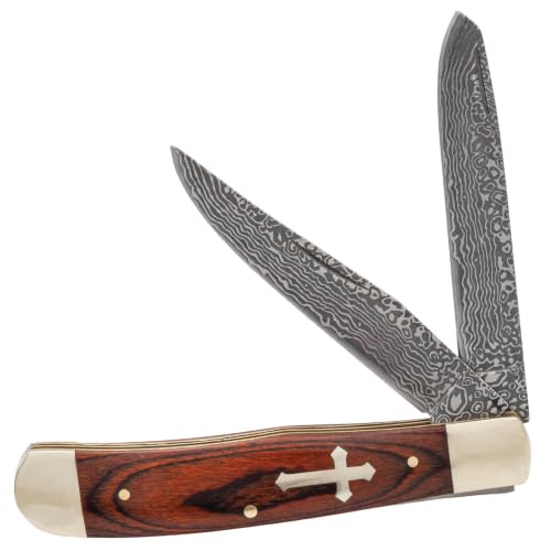 BUDK Cross Of Faith Faux Damascus Pocket Knife | Dual 3 1/4 Inch Blades | Clip Point And Spey Blade | Wood Handle Scales | Cross Inlay Accent | 7 1/4 Inch Overall | Compact Folding Knife
