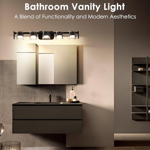 TYhogar 33.4" Modern Black Bathroom Vanity Light 5 Light Bathroom Light fixtures Cordless  - image 4