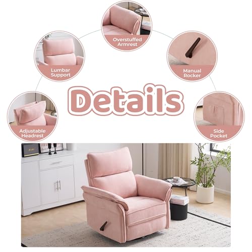 Image of Swivel Rocker Recliner with Adjustable Headrest,Upholstered Glider Rocker Recliner with Overstuffed Armrest,Manual Recliner Nursery Chair for Living Room,Pink