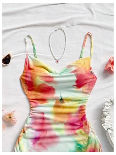Image of BEAUDRM Women's Y2k Floral Mini Dress Summer Beach Vacation Dress Mesh Ruched Spaghetti Strap A Line Sundress
