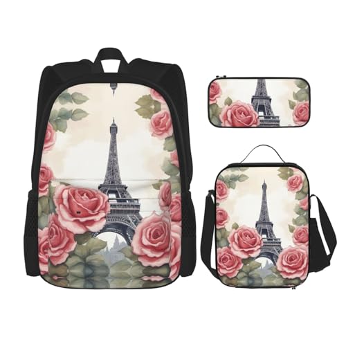 Eiffel Tower Rose Flower 3-Piece Set Backpack, Lunch Bag, And Pencil Case, Casual Cute Sets For Travel And College