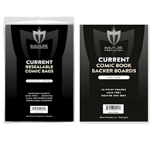 Max Protection Current Age Comic Book Bags and Boards - 2 Mil Comic Bags with Resealable Flap - Current Size Boards 6-7/8" x 10-1/2" - Acid Free, Easy Closure, Durable Construction