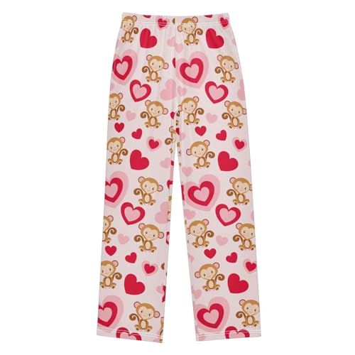 Monkey Red Love Heart Boys Long Pants Soft Trousers Elastic Waist Kids Lounge Bottoms with Pockets S-XL