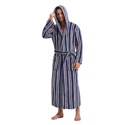 Image of FashGudim Mens Robes Big and Tall with Hood Two-Tone Flannel Fleece Contrast Bathrobe Full Length Plush Long Robe House Coat
