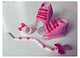 Zapatos + chupete + cadena Lujo Zapatos de Bebé, Chupete y cadena con brillantes, diseño de brillantina, color rosa y rojo, regalo para bautizos nacimiento, I Love Mum, ich liebe Mama, storwei Talla:6-12m