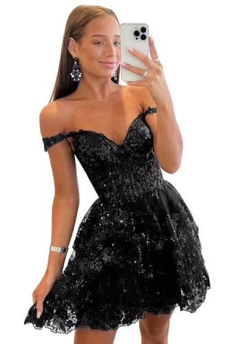Sparkly Sequin Homecoming Dresses for Teens Off Shoulder Short Prom Dress 2025 Tiered Lace Cocktail Party Gown