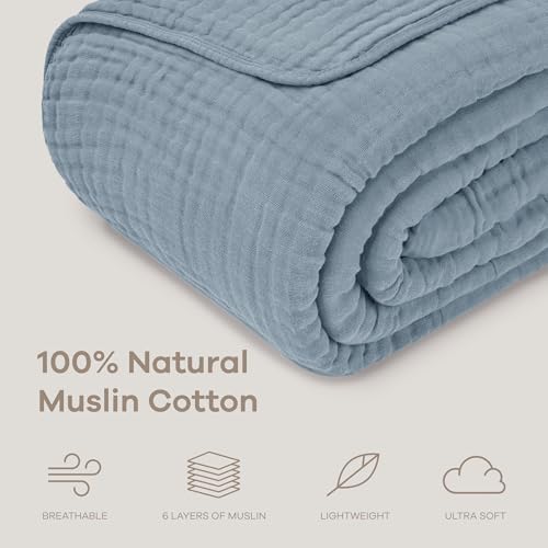 Image of Comfy Cubs Muslin Throw Blanket - 50 inch x 60 inch Quilted Design - Lightweight, Breathable 6-Layer Gauze Fabric - Soft Cotton Blanket for Home or Travel - Packaged in Elegant Gift Box - Pacific Blue