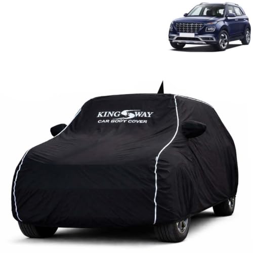 Image of KINGSWAY Super Waterproof Car Cover Only with Hyundai Venue (Year 2019 to 2022 - All Model) | Mirror and Antenna Pockets | All Weather Car Body Cover with Silver Piping | Black