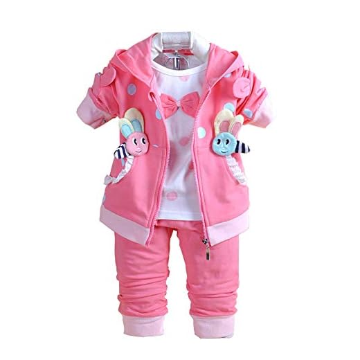 Yao 6M-3Jahre Baby Mädchen Kleidung Set 3 Stück Langärmliges T-Shirt Hoodie Jacke und Hose(heißes Rosa,6-12Monate)