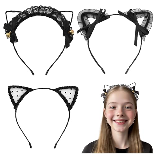 Chanseen 3Pcs Black Lace Cat Ears Headband Cat Hair Accessories Hairband Headwear for Women Halloween Costume Party Cosplay Everyday Wear