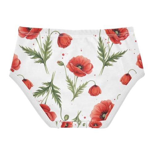 Red Poppy Flowers Green Leaves Toddler Underwear Girls, Girls Underwear Cotton, 2T–8 Years2