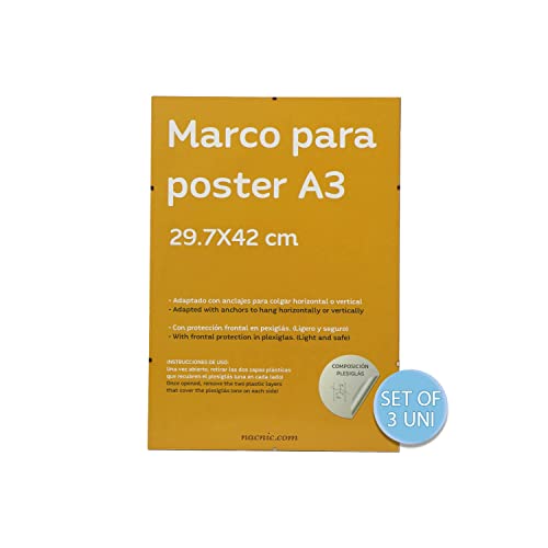 Nacnic - Pack 3 Marcos Clip Transparentes de Vidrio Acrílico sin bordes | Protección y Expositor de Fotografías, Láminas, Pósters y Decoración para Salón, Dormitorio u Oficina | A3 (29,7x42 cm)