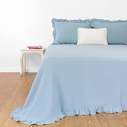Casa da Laura - Colcha Azul Turquesa Elegantes - Colchas Juveniles Cama 135/140/150 - Colcha 240 x 260 cm - Colcha Waffle y Ribete con Volante - 100% Algodón Prelavado