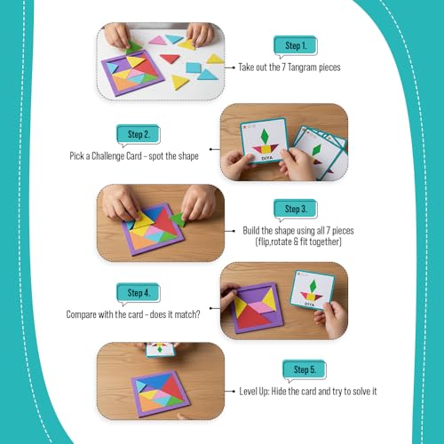 Image of Tangram Puzzle for Kids Age 3-8 | Smart Shapes Educational Learning Toy | Brain Development & Pattern Building Game | Montessori STEM Activity Kit with Flashcards | Gift for Boys & Girls