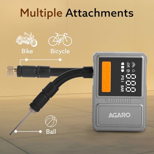 Image of AGARO Mini Tyre Inflator, 150 PSI Inflation, 600mAh X 2 Rechargeable Battery, Type-C, Digital Display, SOS Light, Multi Nozzles, Bike, Cycle, Foot Balls, Inflatables TI1771