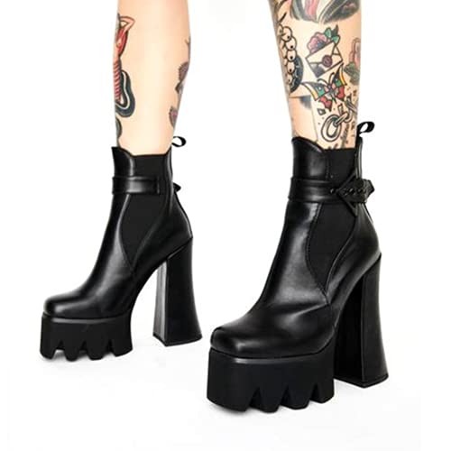DETOGNI Women's Buckle Strap Thick Heel Square Toe Platform Booties Ladies' Elastic band High Heel Fashion Casual Ankle Boots4