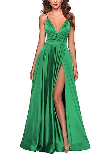 Image of Tvuyet Satin Bridesmaid Dresses with Slit Pleated A Line Spaghetti Straps Formal Prom Evening Gowns
