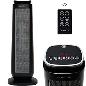Climatik Oscillating Black Tower Ceramic Heater – Energy Efficient, Thermostat, 2 Power Settings, LED Display, Portable Design with Timer & Remote Control
