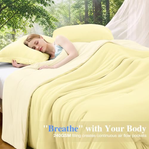 Image of MUXHOMO Cooling Comforter Set Full Size, Lightweight Summer Comforter for Hot Sleeper, Reversible Bedding with ICY Cooling Surface, Includes 1 Comforter (82 inchx86 inch) and 2 Shams (20 inchx 26 inch), Cream Yellow