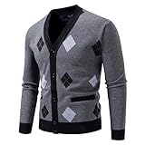 Design : look sobre, discret Mymyguoe Cardigan à motif Argyle pour homme - Mode - Manteau d\'hiver - Pull en tricot - Cardigan avec boutons - Col en V - Veste traditionnelle d\'hiver - Cardigan en tricot à carreaux, gris clair, 3XL