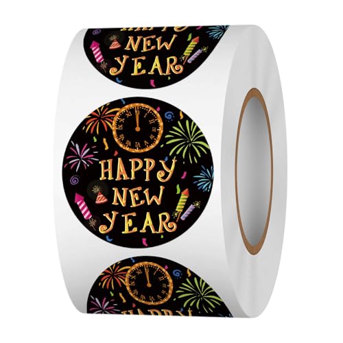 500 Piezas Pegatinas de Feliz Año Nuevo, 25MM Rollo Calcomanías de Feliz Año Nuevo, Happy New Year Pegatinas Coloridas para Tarjetas de Felicitación, Sobres, Caja de Regalo, Decoración Fin de Año 2026